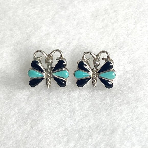 Sterling Silver 925 Southwest Style Turquoise Black Onyx Butterfly Stud Earrings - Picture 1 of 16